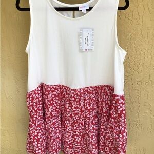 LULAROE Eliana Tank Top Medium NWT Red & White Print Flounce on Solid White Tank